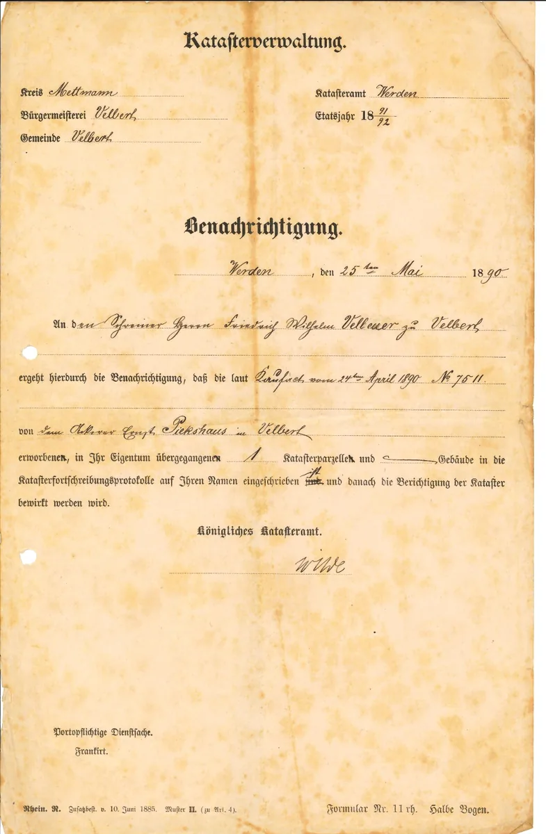 Benachrichtigung des Königlichen Katasteramtes Werden über den Erwerb des Grundstücks, 1890
