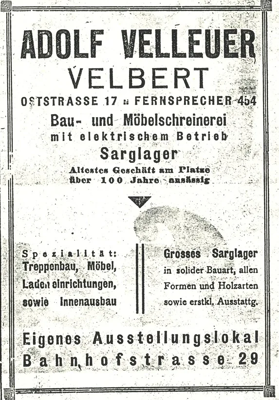 Historische Anzeige von Adolf Velleuer: Schreinerei mit elektrischem Betrieb, Sarglager und Ausstellungslokal an der Bahnhofstraße 29