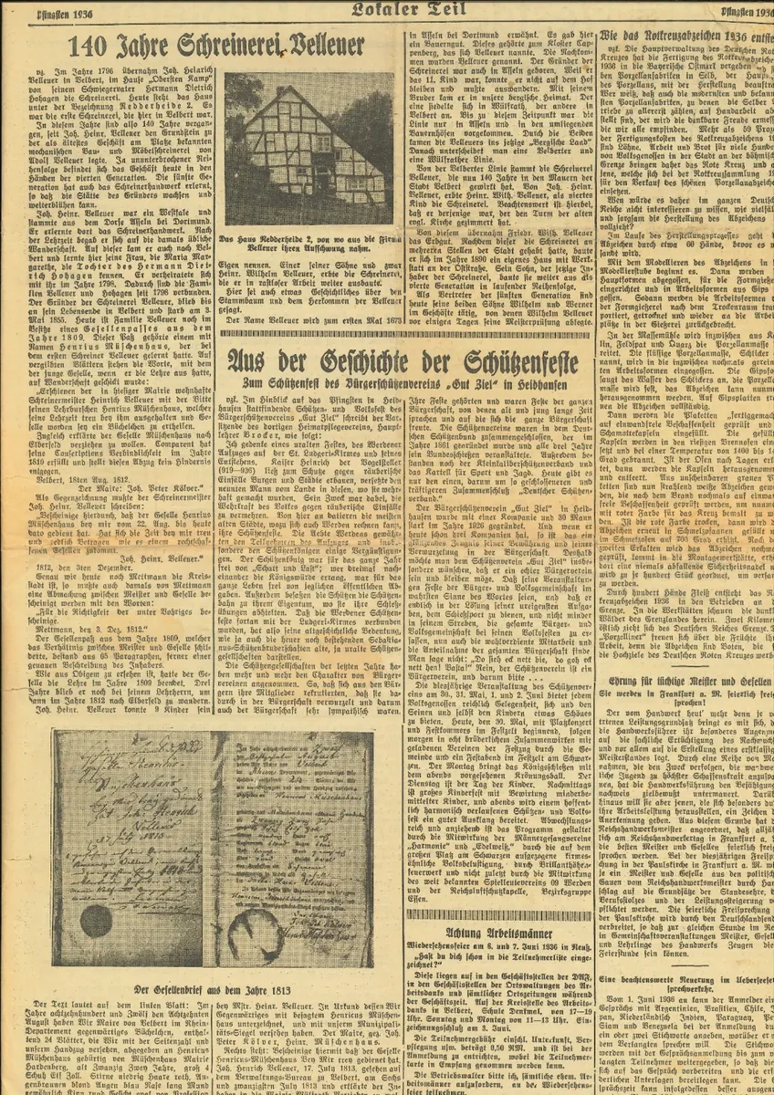 Zeitungsbericht von 1936 zum 140-jährigen Bestehen der Schreinerei Velleuer