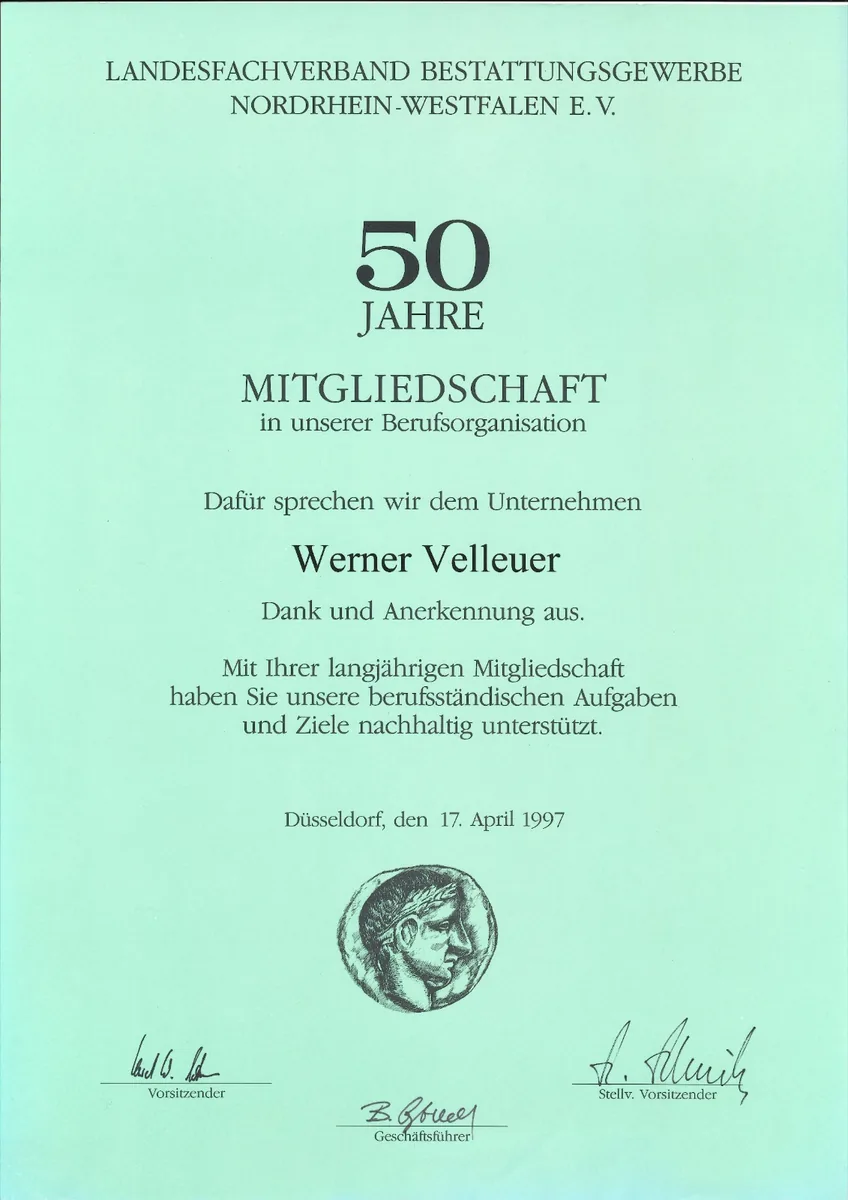 Urkunde für 50 Jahre Mitgliedschaft im Landesfachverband Bestattungsgewerbe Nordrhein-Westfalen