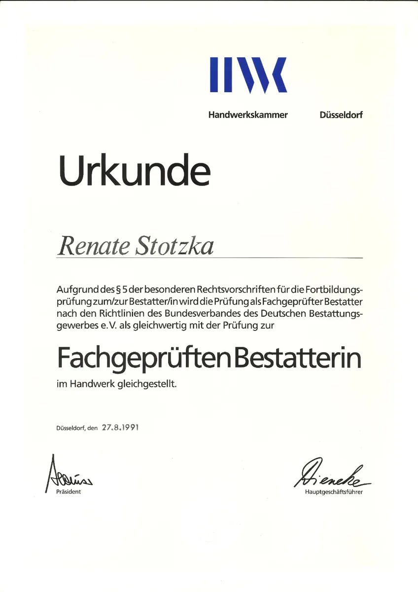 Urkunde der Handwerkskammer Düsseldorf: Renate Stotzka, Fachgeprüfte Bestatterin, 1991