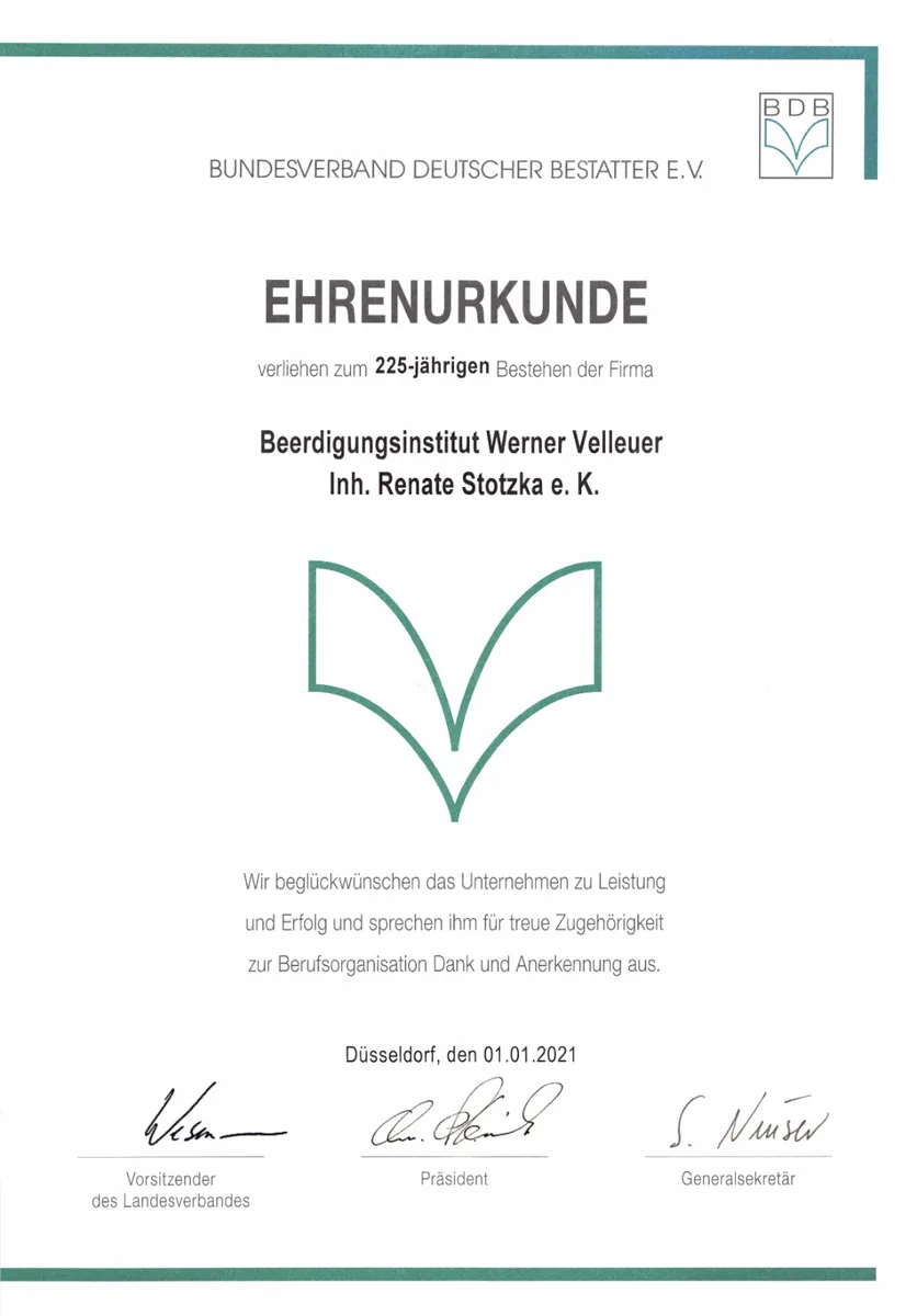Ehrenurkunde des Bundesverbandes Deutscher Bestatter zum 225-jährigen Bestehen